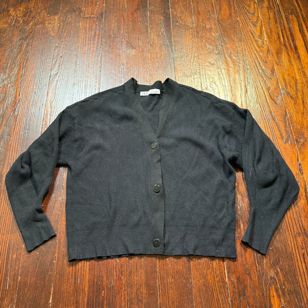 Zara Cardigan Sweater Womens L Black Button‎ Front Ribbed Minimalist Goth